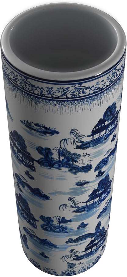 Oriental Furniture 20" Landscape Blue & White Porcelain Umbrella Stand