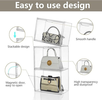 Attelite Plastic Purse and Handbag storage Organizer for Closet, Clear Acrylic Display Case with Magnetic Door for Wallet, Book, Cosmetic, Clutch Organization 3 Pcs