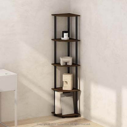 Furinno TURN-N-TUBE Corner Shelf, 5-Tier Corner Bookshelf, Open Storage Shelves, for Organization and Storage, Living Room, Home Office, Garage, Bedroom, Columbia Walnut