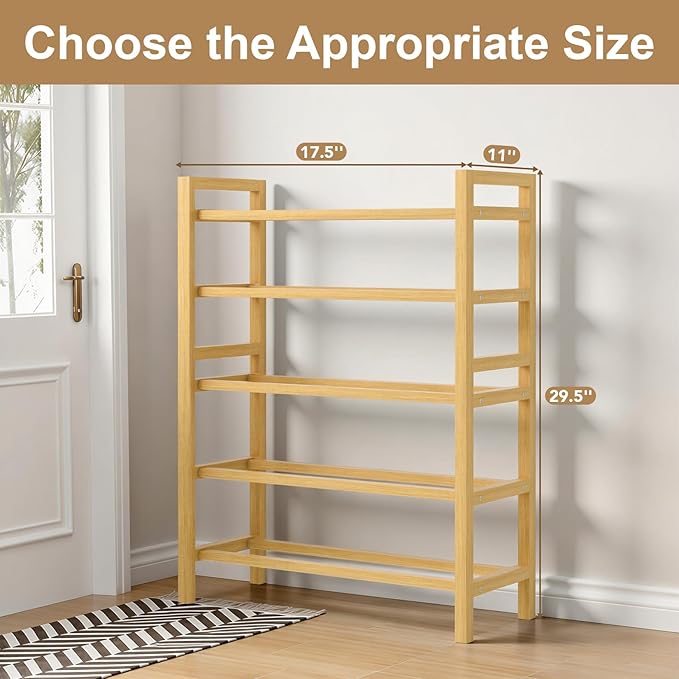 Haddockway Bamboo Shoe Rack for Closet, Free Standing Shoe Organizer with Smooth Round Rods & Convenient Handles, Stackable Shoe Storage Shelf for Entryway, Hallway(Natural, 5-Tier(Small))
