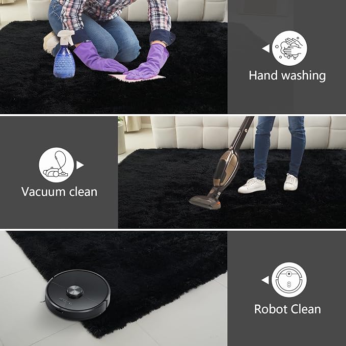 Shag Area Rugs for Bedroom Living Room,8X10 Ultra Soft Fluffy Area Rugs for Dorm,Indoor Carpet Plush Rugs for Home Decor, Black