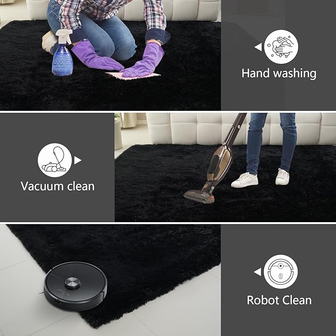 9X12 Large Shag Area Rugs for Living Room Bedroom,Big Soft Fluffy Rug for Bedroom Dorm,Indoor Carpet Plush Rugs for Living Room Home Decor (Black, 9X12 Feet)