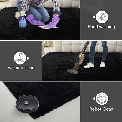 9X12 Large Shag Area Rugs for Living Room Bedroom,Big Soft Fluffy Rug for Bedroom Dorm,Indoor Carpet Plush Rugs for Living Room Home Decor (Black, 9X12 Feet)