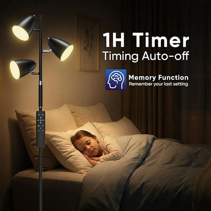 QiMH LED Floor Lamp for Living Room, 36W Modern Standing Lamp with 3 Lights, Tree Floor Lamp for Bedroom with 4 Colors Changing& RGB Mode, Remote and Touch Control Stepless Dimmable Tall Lamp, Black