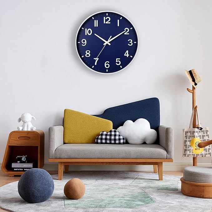 HZDHCLH Navy Blue Wall Clocks Battery Operated,12 inch Silent Non Ticking Modern Wall Clock for Living Room Bedroom Kitchen Office Classroom Decor