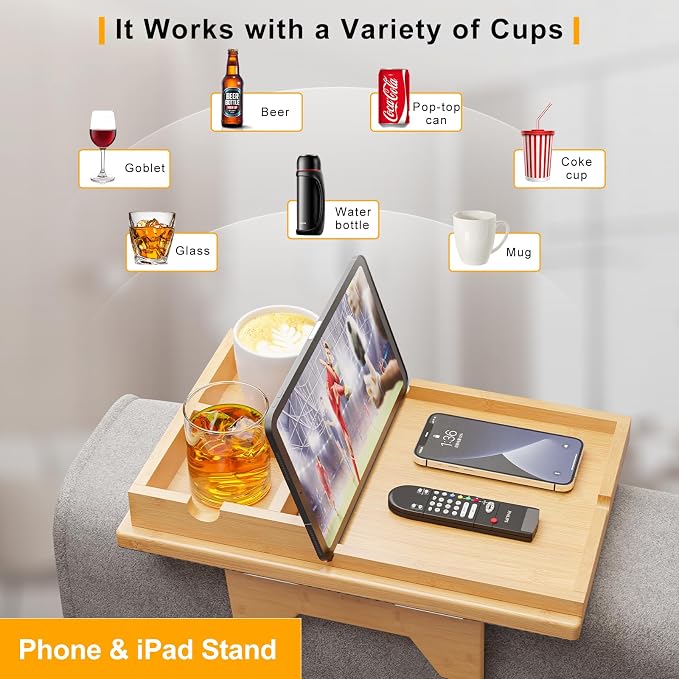 Bestjing Bamboo Couch Cup Holder Tray - 2 in 1 Couch Armrest Table with Be Slide-Away Detachable Double Holder - Sofa Armchair Caddy for Drinking Snacks iPad TV Remote
