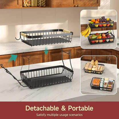 Sevenblue 2 Tier Large Fruit Basket for Kitchen Counter with 2 Mobile Banana Hangers, 2026 Pro Detachable Metal Fruit Bowl with Wooden Handle (Silver, 3 Tier)