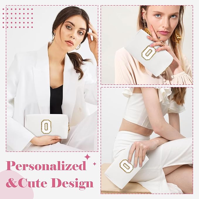 Small Personalized Initial A-Z Preppy Patch Makeup Bag,White PU Chenille Letter Travel Cosmetic Pouch with Zipper,Cute Toiletry Bag,Gift Ideal for Teen Girls Women Teacher Bridesmaid,Letter O