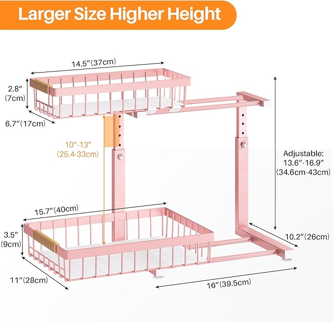 PXRACK Under Sink Organizer, Adjustable Height, 2 Tier Pull Out Under Cabinet Organizer, Slide Out Thickened Metal Under Sink Storage for Kitchen Bathroom Laundry Pantry Cabinet, Pink, Large-2-Pack