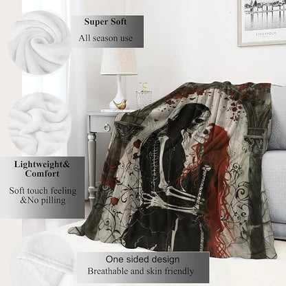 Gothic Romance Skull Lovers Blanket,Red Rose Skeleton Throw Blankets,Gifts for Women Men, Lightweight Soft Fleece Cozy,for Sofa Couch Bed Room Travel,Festival Halloween Goth Decor,50x60in