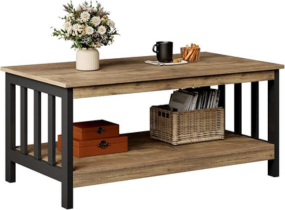 ChooChoo Farmhouse Coffee Table, Living Room Table with Shelf, 40 Rustic Oak & Black