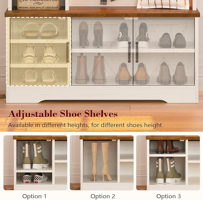 Hall Tree with Bench and Shoe Storage, Farmhouse Entryway Bench with Coat Racks and Led Lights, Tall Hall Tree with 7 Coat Hooks, 6 Storage Cubbies, Adjustable Shelf
