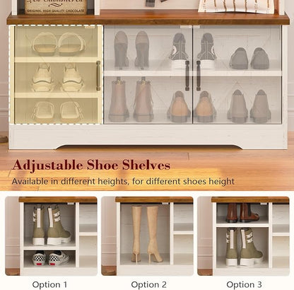 Hall Tree with Bench and Shoe Storage, Farmhouse Entryway Bench with Coat Racks and Led Lights, Tall Hall Tree with 7 Coat Hooks, 6 Storage Cubbies, Adjustable Shelf