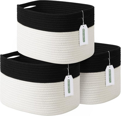 Cotton Rope Storage Basket, 15x10x9 Inches, Woven Basket for Shelves, Clothes, Towels, Books, and Laundry, Black/White (3 Pack)