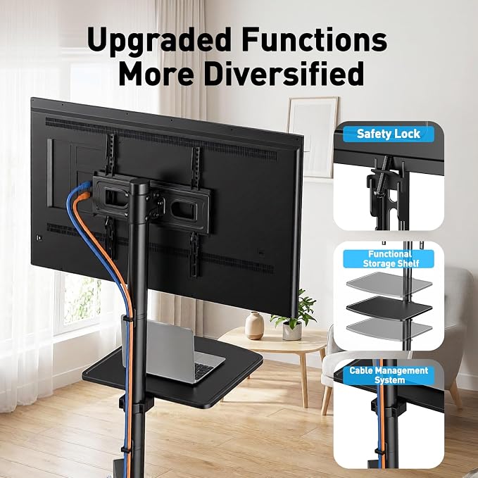 PERLESMITH Rolling TV Stand for 23-63 Inch Flat/Curved Screen TVs up to 88 lbs, Mobile TV Stand on Wheels, Portable TV Stand with Tilt & Height Adjustable,Outdoor TV Stand Max VESA 400x400mm PSTVMC10