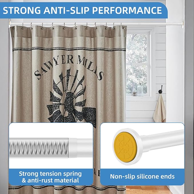 CorkLatta White Shower Curtain Rod,1 Inch Diameter Stainless Steel Adjustable Spring Tension Rods 32 to 92",with Holders,Anti-Slip,Curtain Rods No Drilling(1 Pack)