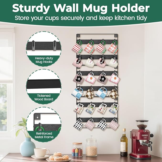 EsLuker.ly Mug Holder Hanger Rack Wall Mounted Wooden 3 Pack Coffee Cup Storage Organizer Display Shelf with 24 Movable Plastic Hooks, Ideal for Mug Collectors, Black