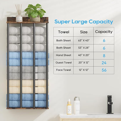 Towel Racks for Bathroom Wall Mounted, Updated 4 Bar Wall Towel Holder | Large Bathroom Towel Storage Rack for Rolled Towels, Vintage Metal Towel Organizer Shelf with Wooden Storage Shelf