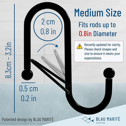 10-Pack Metal S Hooks for Hanging – Heavy-Duty S-Shaped Hook with Safety Buckle – Fits Bars up to 0.8 in – Anti-Drop S-Hooks for Kitchen, Bathroom, Closet & Pot Racks – Black (Medium)