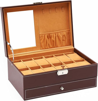 2-Layer Retro Jewelry Box Organizer with Mirror and Lock,Leather Jewelry Box for Womens Girls,Brown Jewellery Holder Organizer Box for Necklace Earrings Rings Bracelets, Christmas New Year Gift