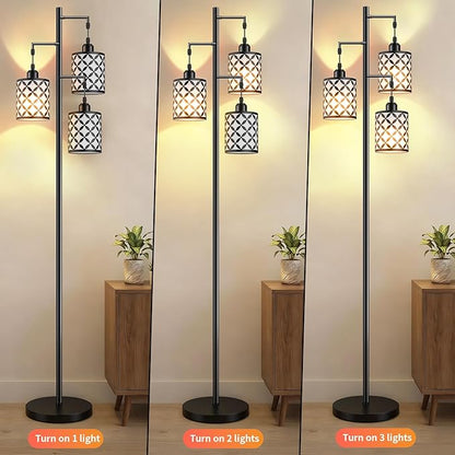 New Upgraded 72" Tall Dimmable Floor Lamp, 3 x 800LM 9W LED Bulbs Included, Farmhouse Standing Lamp with Remote Control, Industrial Tree Pole Floor Lamps for Living Room, Bedroom, Study Room - Black
