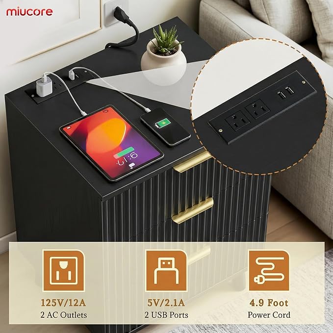 Black Nightstand, 20 inch Fluted Modern Night Stand with Charging Station, Wooden Side Table with 3 Large Storage Drawers Modern Wood Bedside End Table for Bedroom Sofa Office