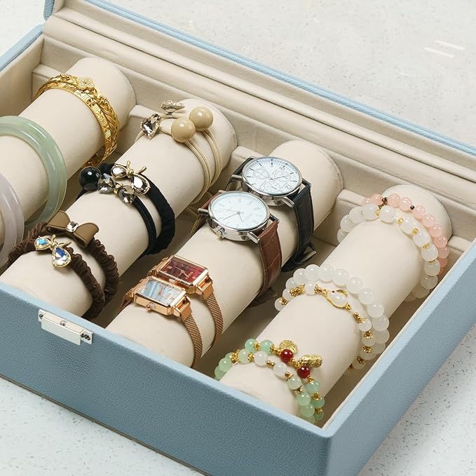 Bracelets Organizer Rods Bangles Display Holder, Clear See through Lid Leather Velvet Jewelry Storage Box Case for Women, 4 Rods Blue Leather