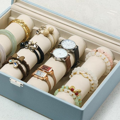 Bracelets Organizer Rods Bangles Display Holder, Clear See through Lid Leather Velvet Jewelry Storage Box Case for Women, 4 Rods Blue Leather