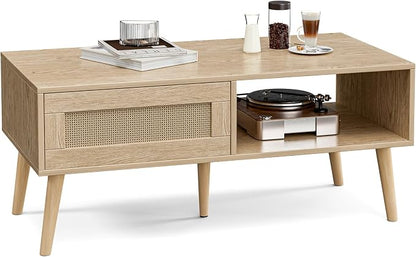 ZttRiee Wood Coffee Table with Storage, Boho Dining Table with Sliding Rattan Door Panel and Solid Wood Legs, Small Coffee Tables for Living Room, Oak (Oak_LSJ008)