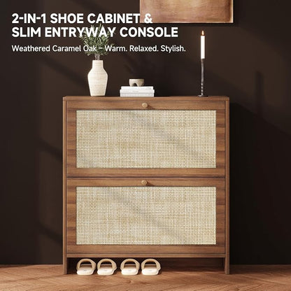 Nicetree Shoe Storage Cabinet for Entryway, Slim Shoe Rack with 2 Flip Drawers, Modern Boho Square Cane Engineered Wood Storage Cabinets, Narrow Shoe Organizer, Caramel