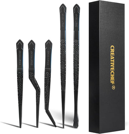 Cooking Tweezers, 5 Piece Chef's Tweezers Tongs, Chef's Plating Tool, 10 inch and 6.5 inch Food tweezers, Universal for all kinds of cooking, steak, plating, pasta and many other scenarios (5pc Set)