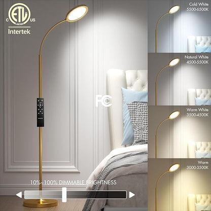 Gold Floor Lamp,Super Bright Dimmable LED Floor Lamps for Living Room, Custom Color Temperature Standing Lamp with Remote Push Button, Adjustable Gooseneck Reading Floor Lamp for Bedroom Office