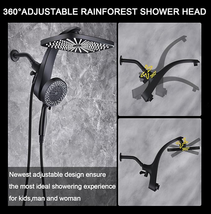 BOZYBO Rain Shower Head with Handheld: High Pressure Shower Heads with Handheld Spray Combo, 12" Rainfall Shower Head and 9 Sprays Hand Showerheads with Magnetic Docking and Power Jets, Black 1.75GPM