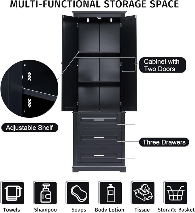 Polibi Tall Storage Cabinet with 3 Drawers, 3-Tier Adjustable Shelves & 2 Doors, Floor Freestanding Linen Cabinet for Bathroom, Living Room (Black)
