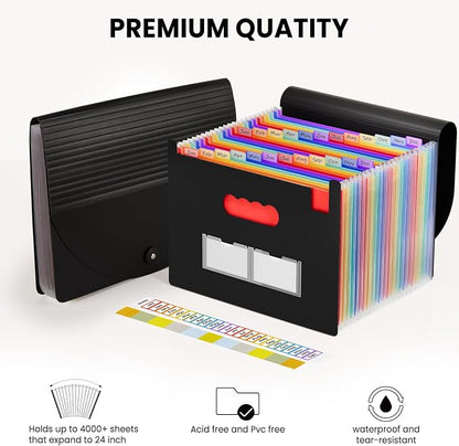 Sooez 24 Pockets Expanding File Folder with Blank Labels, According File Organizer with Expandable Cover, Desktop Accordion Folders Letter A4 Paper Document Storage Organizer, Black