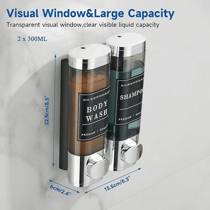 Shower Soap Dispenser 2 Chamber No Drill Wall-Mounted Shampoo Dispenser for Shower Wall Mounted Shower Dispenser for Bathroom Hotel Large Capacity,Chrome1