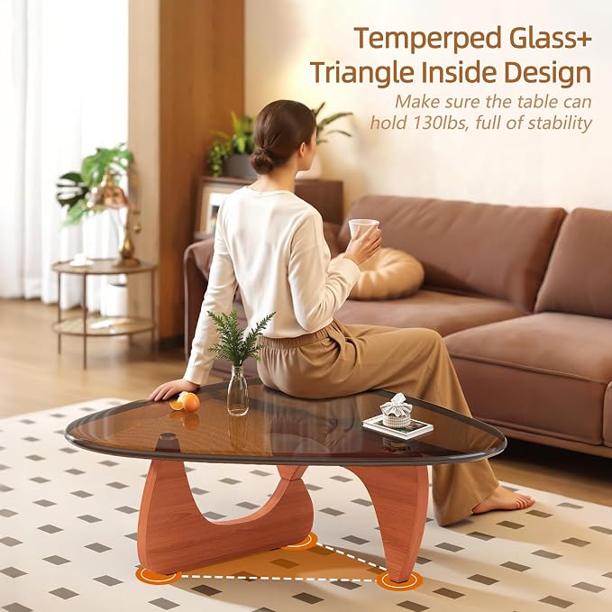 Coffee Table for Living Room Mid Century Modern Center Small Table with Glass Top and Wood, Walnut Brown(32 Inch)
