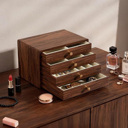 GENUINED Large Black Walnut Wooden Jewelry Box, High End Jewelry Organizer, Vintage Style for Watch Necklace Ring Earring Storage, Anniversary Birthday Gifts for Women(4 Layer)