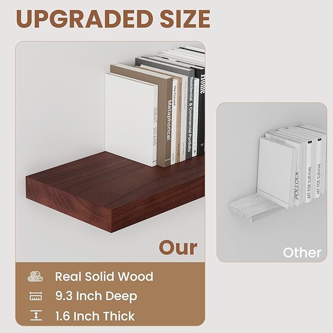 48" Solid Wood Floating Shelves, 9.3 Inch Deep Floating Shelves for Wall, Rustic Wooden Shelves for Wall Decor, Large Fireplace Mantel for Storage, Deep Floating shelf Set of 1, Red Brown