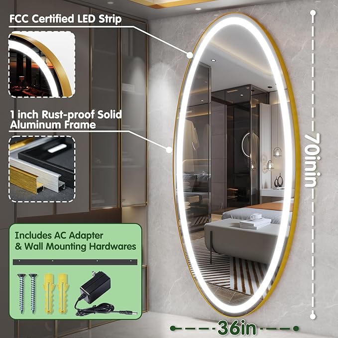 FENNIO 70" x 36" Large Wall Mounted Mirror with LED Lights, Oval Full Length LED Lighted Full Body Dressing Mirror for Bedroom, Salon, Brushed Aluminum Frame, Tempered Glass