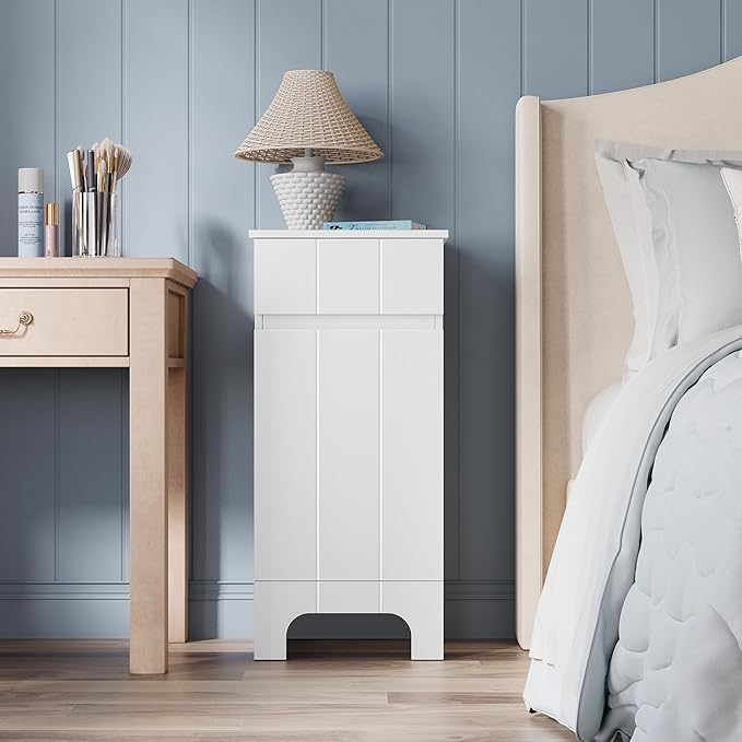 Small Bathroom Cabinet with Adjustable Shelves, Drawer, Anti-Tip Design, 14.96" L x 11.81" W x 32.09" H, Durable MDF for Bathroom, Kitchen, Laundry, Soft-Close Door