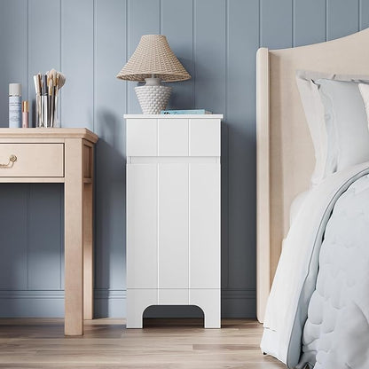 Small Bathroom Cabinet with Adjustable Shelves, Drawer, Anti-Tip Design, 14.96" L x 11.81" W x 32.09" H, Durable MDF for Bathroom, Kitchen, Laundry, Soft-Close Door