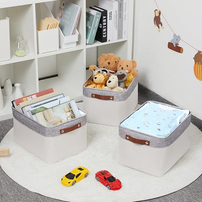 HNZIGE Large Storage Baskets for Shelves(3 Pack) Fabric Storage Toy Baskets with Handles, Decorative Foldable Storage Bins for Organizing (Gray&White-Leather Handles, 15"x11"x9.5")