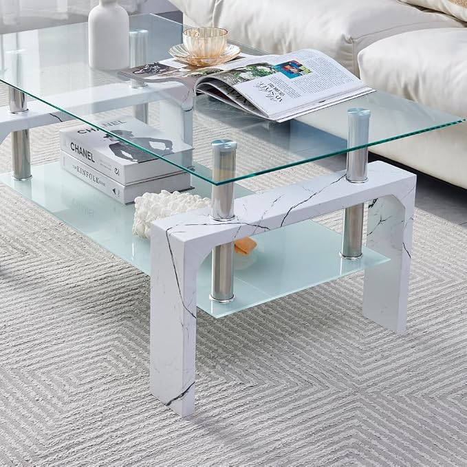 Btrpily Living Room Rectangle Coffee Table, Tea Table Suitable for Waiting Room, Modern Side Coffee Table with Wooden Leg, Glass Tabletop with Lower Shelf, Marble