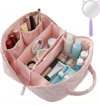 Illuminate Makeup Bag Organizer for Women Large Capacity Travel Toiletry Bag Wide Open Lay-Flat Cosmetic Bags Puffy Makeup Case with Compartments Waterproof Pouch for Toiletries & Brushes (Pink)