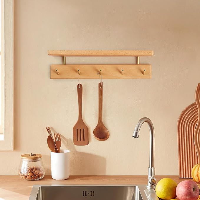 Solid Wood Shelf with Hooks, 15 inch Coat Rack Wall Mount, Shelves with 5 Brass Hooks for Hanging in Entryway, Living Room, Bathroom, Bedroom, Kitchen(Beechwood)