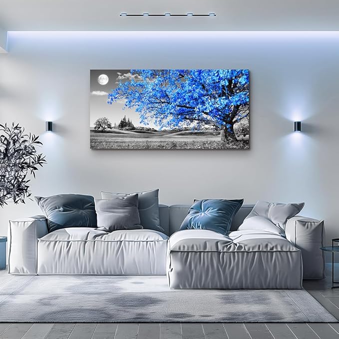 wall art for living room Simple Life Blue moon tree landscape Abstract painting office Wall Decor 24" x 48" single Pieces Canvas Prints Ready to Hang for Home Decoration Black and white Works of art