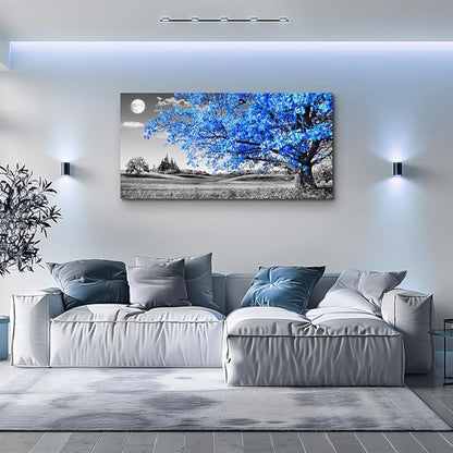 wall art for living room Simple Life Blue moon tree landscape Abstract painting office Wall Decor 24" x 48" single Pieces Canvas Prints Ready to Hang for Home Decoration Black and white Works of art
