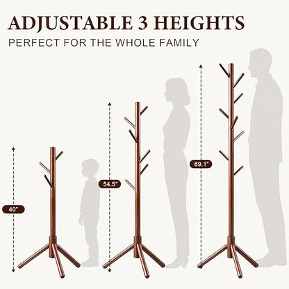 2 PC Wooden Coat Rack Freestanding with 8 Hooks & 3 Adjustable Sizes for Clothes, Space-Saving Design for Bedroom Office Entrance Holds Hats Coats Scarves Bags