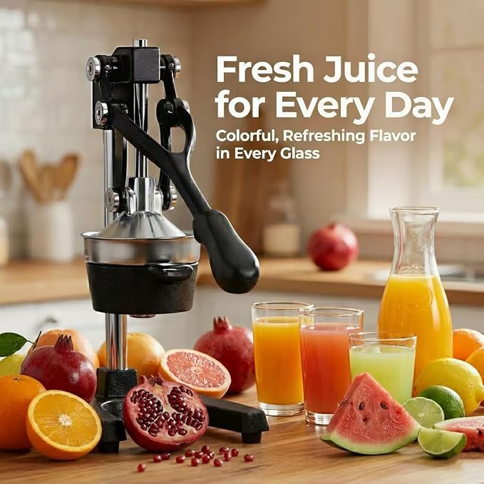 Y-ME Cast Iron Juicer, Heavy Duty Manual Citrus Press with Stainless Steel Detachable Strainers, Hand Juicer for Orange, Lemon, Lime & Grapefruit, Easy to Clean, Black